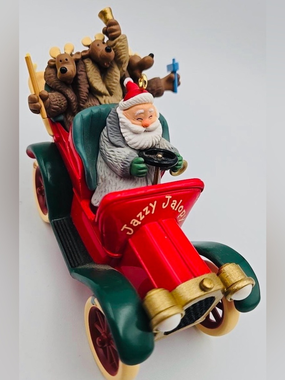 1999 Santa Claus & Reindeer Hallmark Jazzy Jalopy Red and Green Santa Toy Car